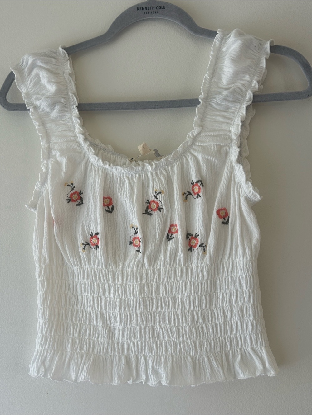 Jolt White Smocked Crop Top with Pink Floral Embroidery